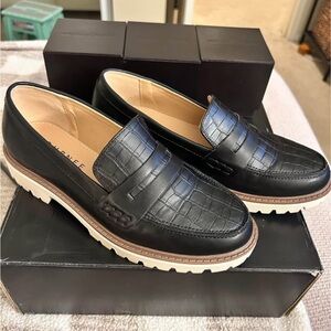 Journee Collection Black Croc-Embossed Penny Loafers with Lug Sole